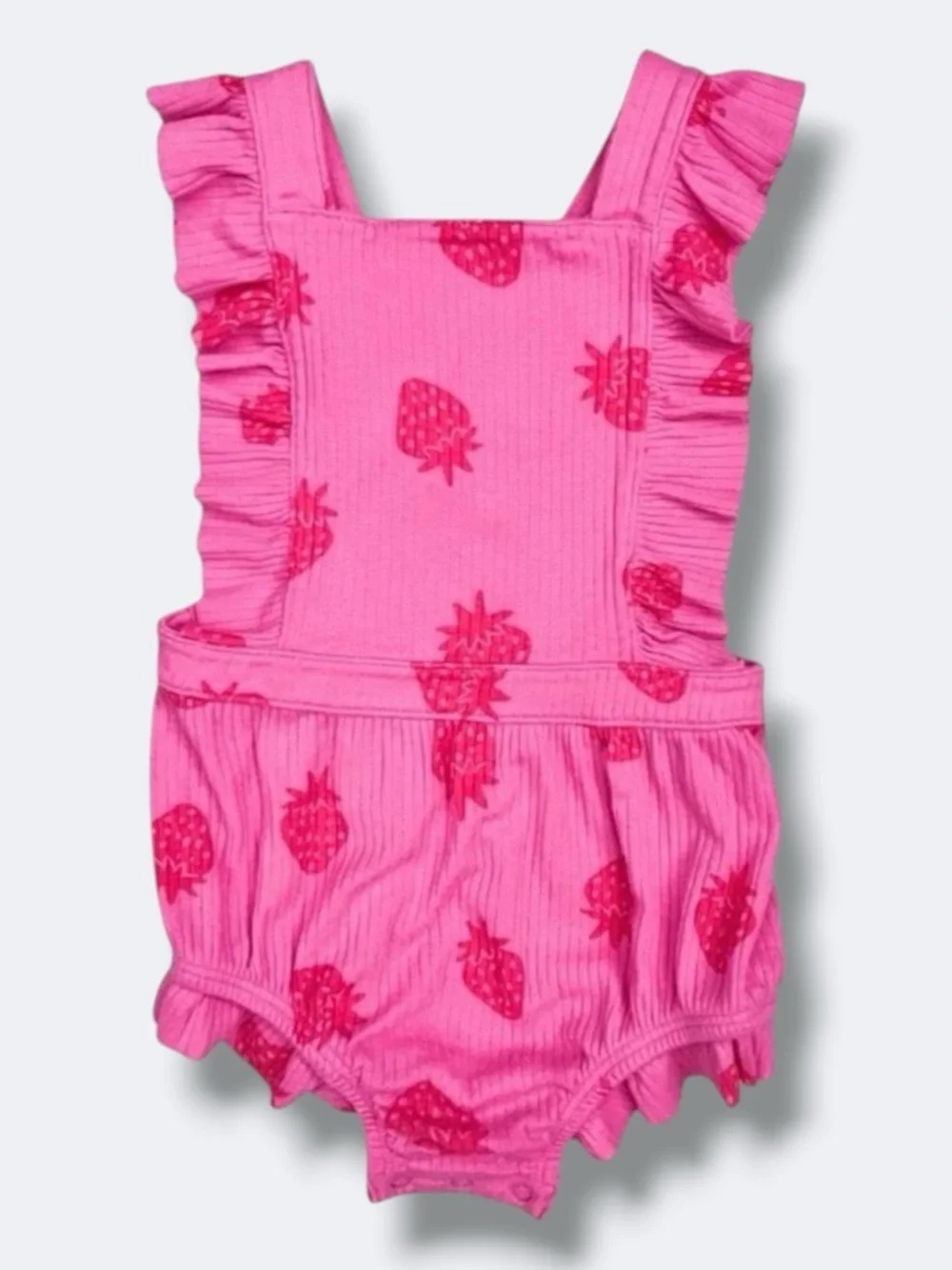 🍄3/$15 Cat & Jack Ribbed Romper Baby 18M Pink Strawberry Print Adjustable Ruffle